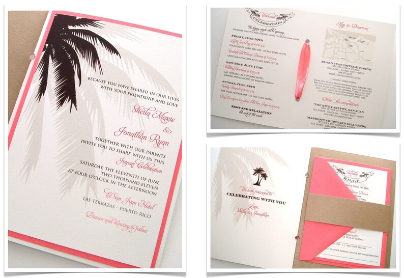 Sheila Destination Beach Wedding Reception Items Menu, Table Number, Program and Place card Sample Set Tan, Brown, White, Coral image 4