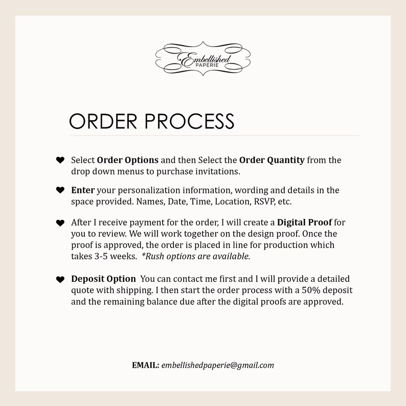 May include: Order process for personalized invitations. Select order options, enter personalization details, and receive a digital proof before production. Deposit option available with a 50% deposit.