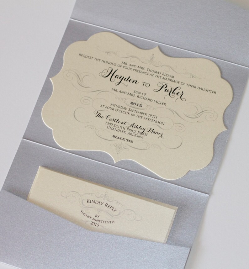 Hayden Die-cut Glitter Wedding Invitation Pocket fold Vintage Wedding Invitation Ivory metallic, Silver Glitter Sample image 1