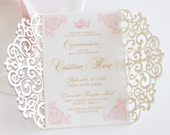 Quinceañera Invitation | Laser Cut Glitter Invitation | Couture Invite | Sweet 16 | Princess Crown | Gold and Pink Invitation | Printed