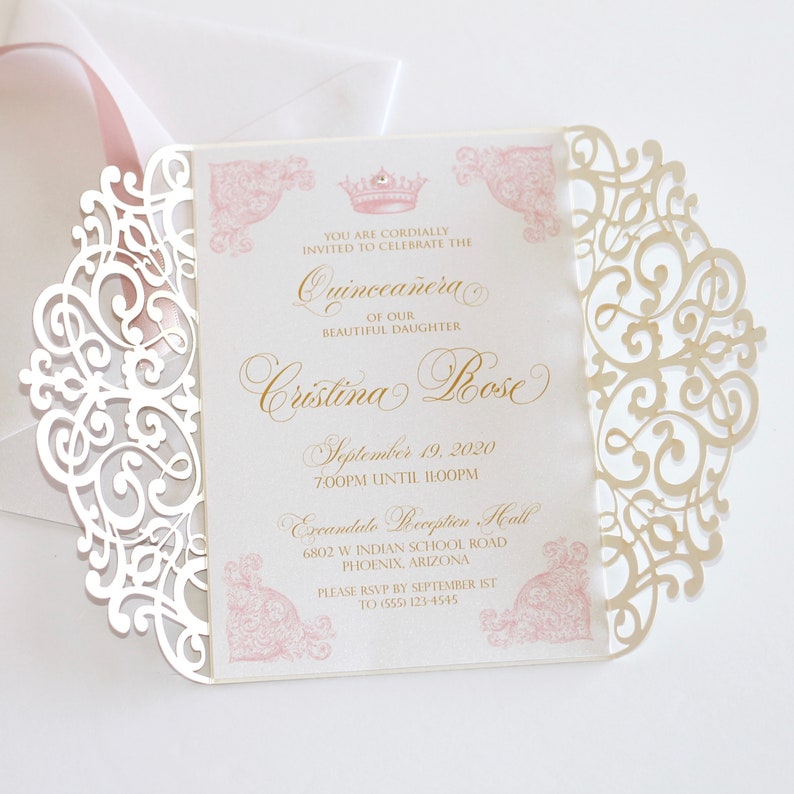 Quinceañera Invitation Laser Cut Glitter Invitation Couture Invite Sweet 16 Princess Crown Gold and Pink Invitation Printed image 1