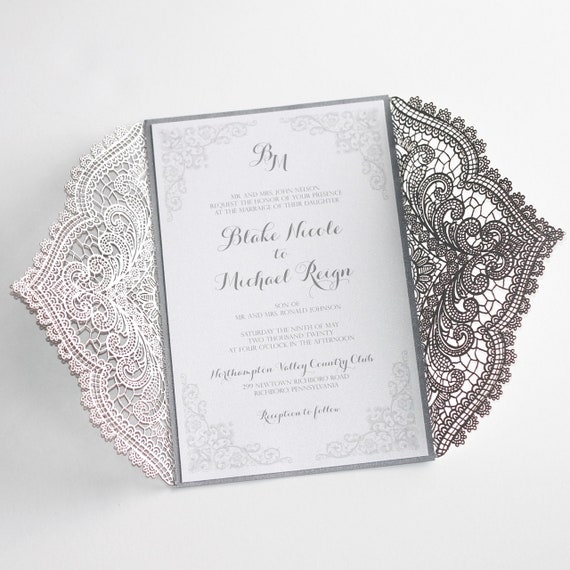 50 BLACK WHITE AND SILVER HEARTS WEDDING INVITATIONS CARDS elegant and envelopes 