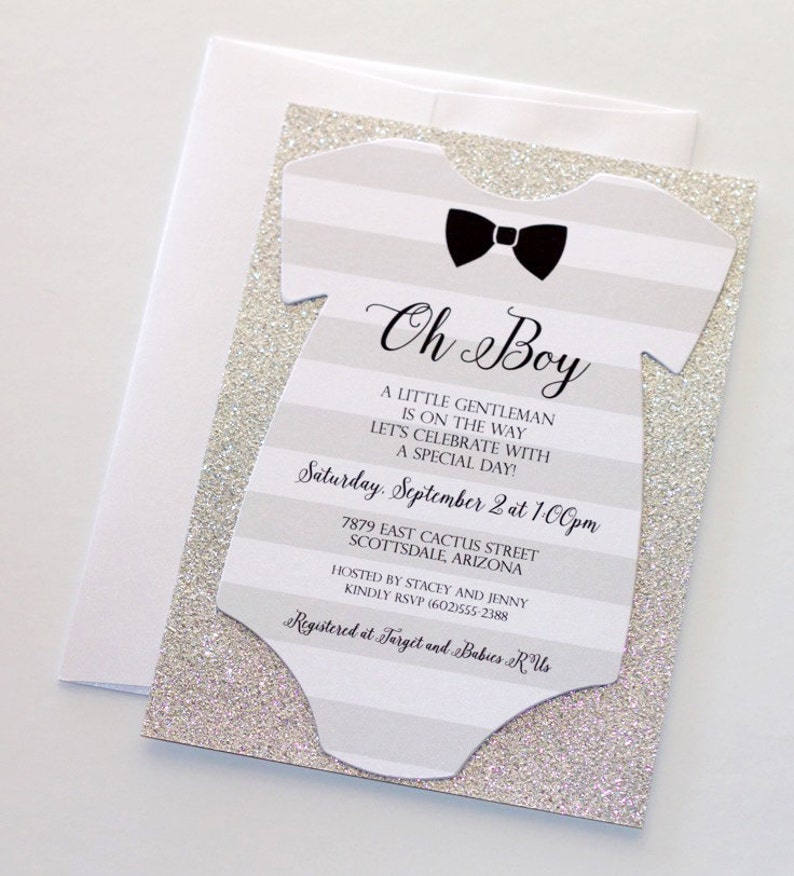 Baby Shower Onesie Invitation Glitter Shower Invitation Baby Boy Invitation Bow tie Invitation Little Man Shower Gentleman Theme image 1