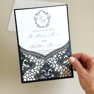 Black and White Wedding Invitation Black Lace Laser cut Wedding Invite  Elegant Invitation Classic Wedding Black tie Monogram Wedding Card