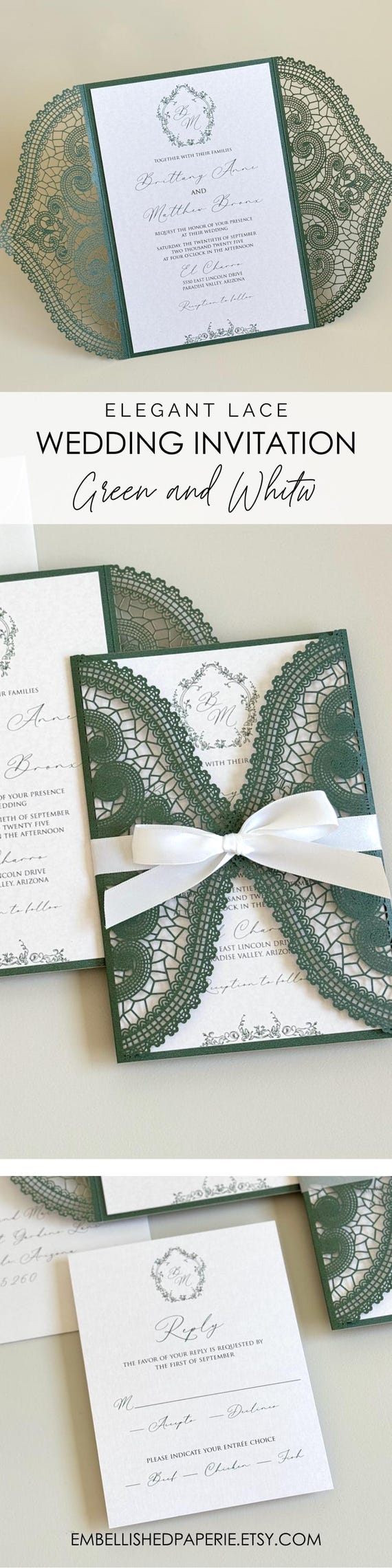Custom Wedding Invitation Olive Green Lace Wedding Invite Laser Cut Handmade  Botanical Wedding Card Elegant Greenery Wedding Invite Monogram - Etsy, image size:570x2280
