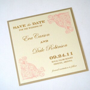 Eva Vintage Wedding Invitation Square pocket fold Custom Wedding Invitation Ecru, Gold and Light Pink Sample image 4