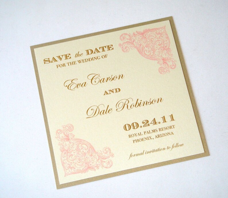 Eva Vintage Wedding Invitation Square pocket fold Custom Wedding Invitation Ecru, Gold and Light Pink Sample image 4