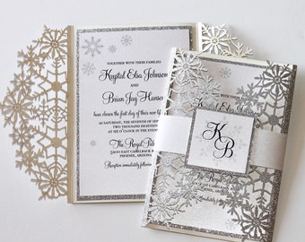 Winter Wedding Invitation | Snowflake Invitation | Elegant Wedding Invite | Laser Cut Wedding Invitation |  White Silver | KRYSTAL Sample