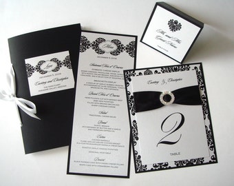 Courtney Damask Wedding Reception Stationery - Damask Menu, Couture Table Number, Place Card, Program - Black and White