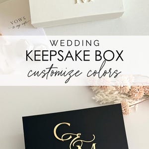May include: A wedding keepsake box in white, black, and pink, with a custom monogram. The box features the text "C&M" in a decorative font. The image also includes the text "VOWS to my wife".