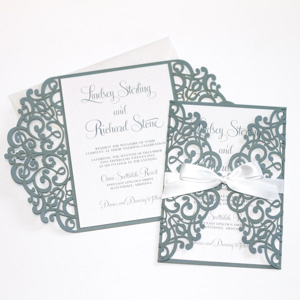 Dusty Blue Wedding Invitation | Lace Wedding Invitation | Elegant Wedding Invite | Laser Cut Invitation | Printed Invitation | LINDSEY