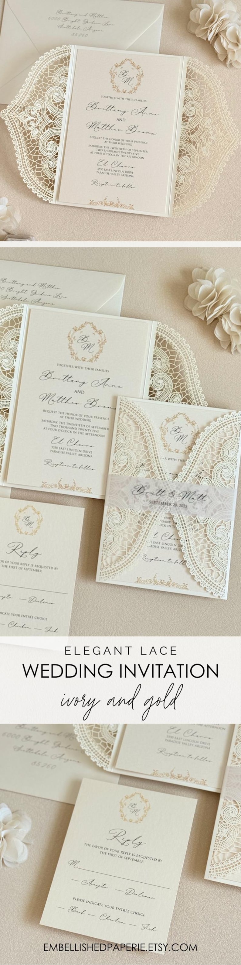Ivory Lace Wedding Invitation Elegant Gold Wedding Invite Laser cut Handmade Wedding Card Vintage Glam Wedding Invitation Botanical Monogram imagem 10