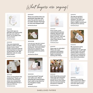 May include: A collage of customer reviews for a small business selling baby shower favour tags. The reviews highlight the quality, design, and timely shipping of the tags. The text includes phrases like "absolutely adorable", "perfect touch", "super cute", "well made", and "highly recommend".