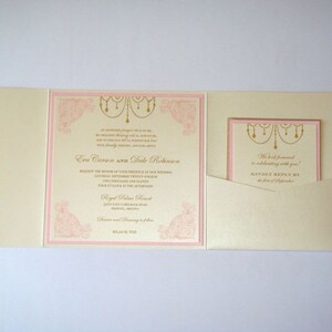 Eva Vintage Wedding Invitation Square pocket fold Custom Wedding Invitation Ecru, Gold and Light Pink Sample image 2