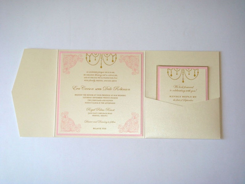 Eva Vintage Wedding Invitation Square pocket fold Custom Wedding Invitation Ecru, Gold and Light Pink Sample image 2