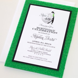 May include: A green and black invitation card with a white background. The invitation is for a birthday celebration in honor of Stephen Driver. The event is on April 21, 2018 at Rey's at Pebble Beach. The invitation features a golfer with a golf ball that says "Steve's 40".