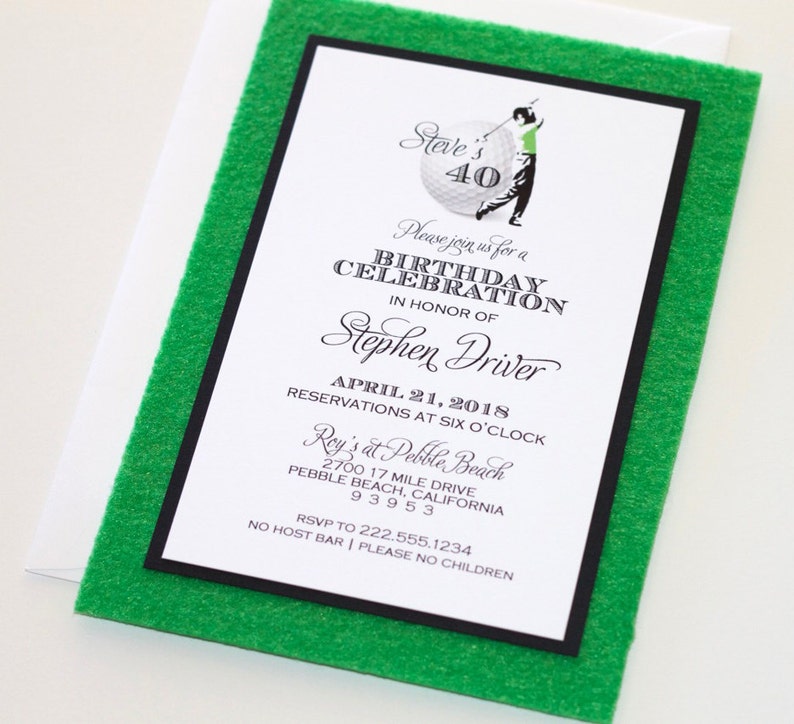 May include: A green and black invitation card with a white background. The invitation is for a birthday celebration in honor of Stephen Driver. The event is on April 21, 2018 at Rey's at Pebble Beach. The invitation features a golfer with a golf ball that says "Steve's 40".