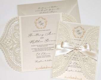 Ivory Lace Wedding Invitation, Elegant Gold Wedding Invite, Laser cut Invitation, Vintage Glam Monogram - Printed Invitation - BRITTANY