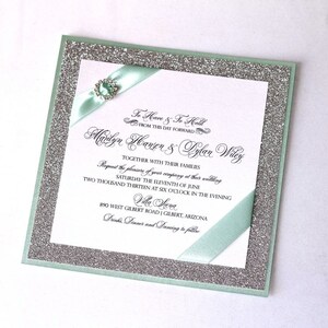 Marilyn Custom Glitter Wedding Invitation Couture Invitation Crystal Buckle Silver Glitter, Mint Green and White Sample image 2