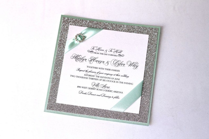 Marilyn Custom Glitter Wedding Invitation Couture Invitation Crystal Buckle Silver Glitter, Mint Green and White Sample image 2