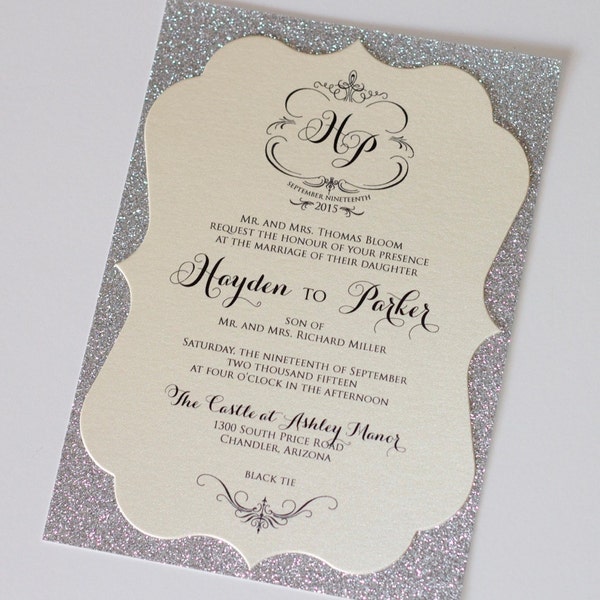 Elegant Wedding Invitation, Vintage Wedding Invitation, Glitter Wedding Invitation - Die Cut - Ivory, Champagne, Silver Glitter - HAYDEN