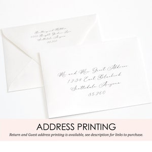 May include: Two white envelopes with black calligraphy address labels. The return address label reads "Batting and Matthew, 6000 Bright Garden Lane, Scottsdale, Arizona 85260". The guest address label reads "Mr. and Mrs. Guest Address, 1234 East Blackbird, Scottsdale, Arizona 85260".
