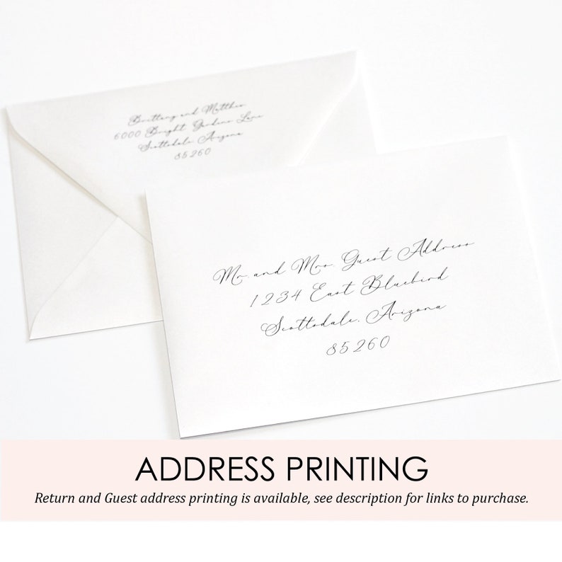 May include: Two white envelopes with black calligraphy address labels. The return address label reads "Batting and Matthew, 6000 Bright Garden Lane, Scottsdale, Arizona 85260". The guest address label reads "Mr. and Mrs. Guest Address, 1234 East Blackbird, Scottsdale, Arizona 85260".
