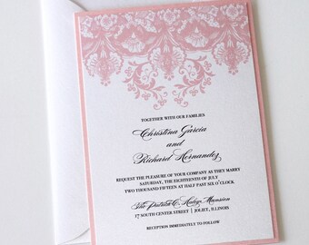 Damask Wedding Invitation | Elegant Wedding Invitation | Floral Wedding Invitation | Vintage Invitation | Pink and White | Christina Sample