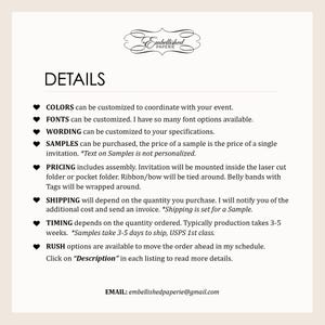 May include: Details for a custom invitation service. The text includes information about colors, fonts, wording, samples, pricing, shipping, timing, and rush options. The email address for the service is also included.