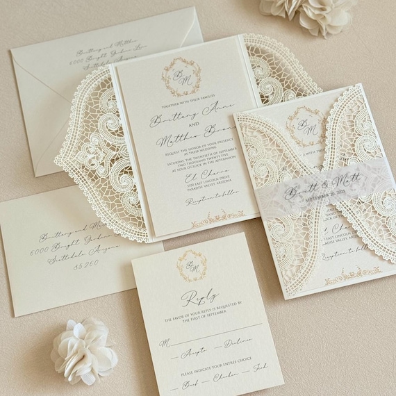 Ivory Lace Wedding Invitation Elegant Gold Wedding Invite Laser cut Handmade Wedding Card Vintage Glam Wedding Invitation Botanical Monogram