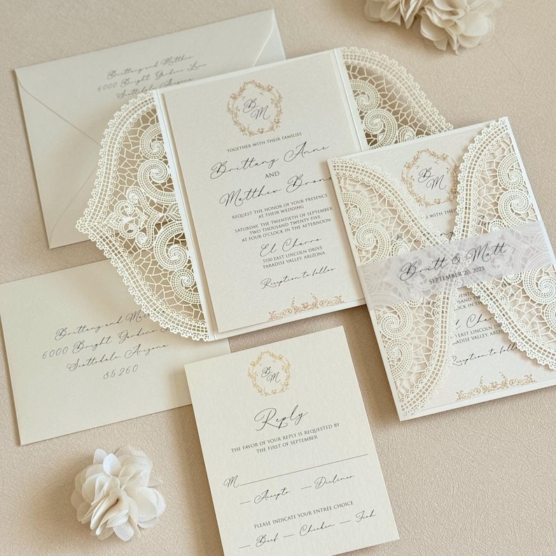 Ivory Lace Wedding Invitation Elegant Gold Wedding Invite Laser cut Handmade Wedding Card