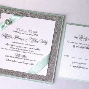 Marilyn Custom Glitter Wedding Invitation Couture Invitation Crystal Buckle Silver Glitter, Mint Green and White Sample image 4