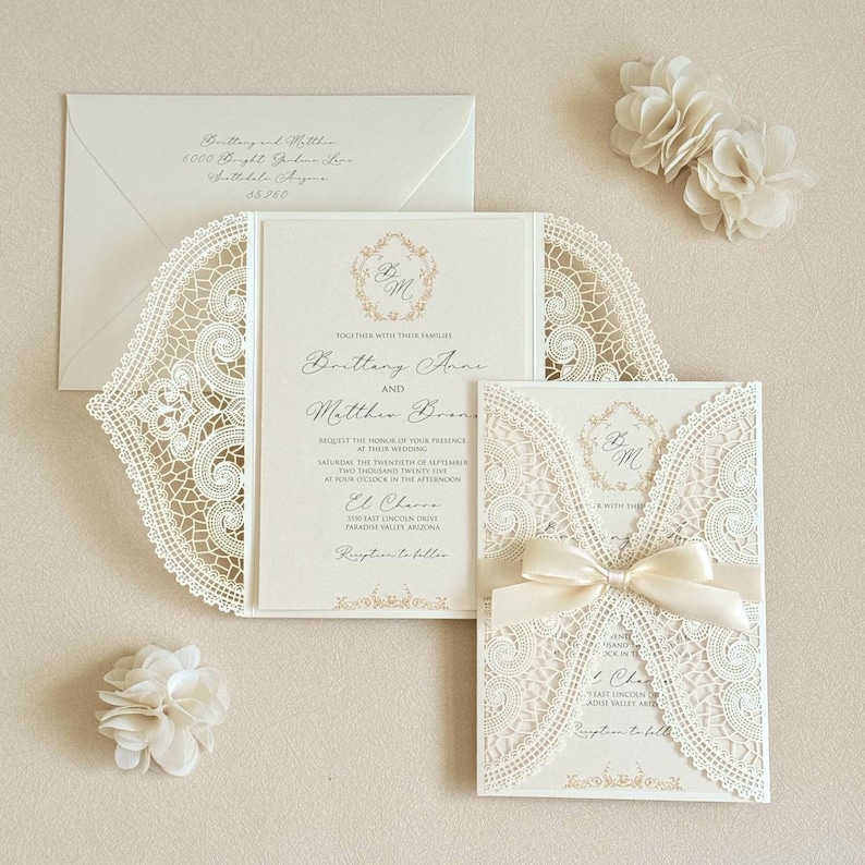 Laser cut Invitation Vintage Glam Wedding Botanical Monogram Wedding card