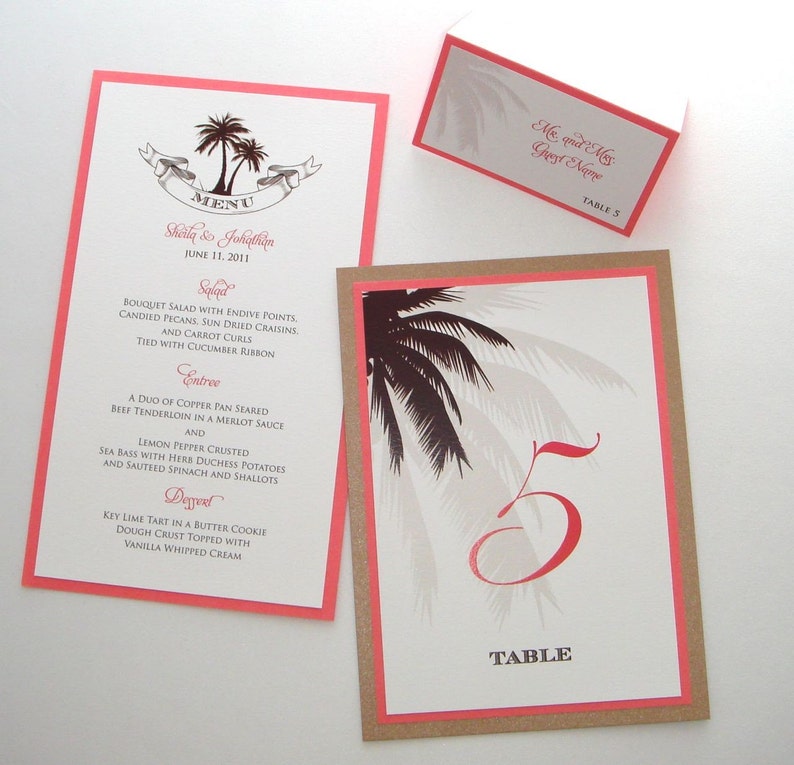 Sheila Destination Beach Wedding Reception Items Menu, Table Number, Program and Place card Sample Set Tan, Brown, White, Coral image 2