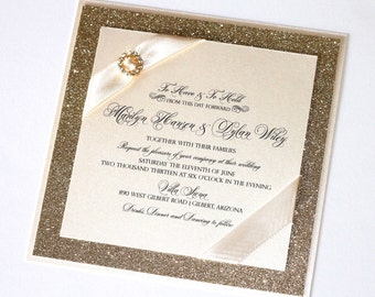 Glitter Wedding Invitation - Elegant Wedding Invitation - Vintage Wedding Invitation - Romantic Invitation - Ivory Gold - Marilyn Sample