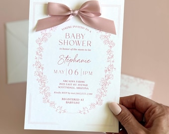 Floral baby shower invitation with Pink Bow Garden theme baby shower invitation for girl baby shower invite