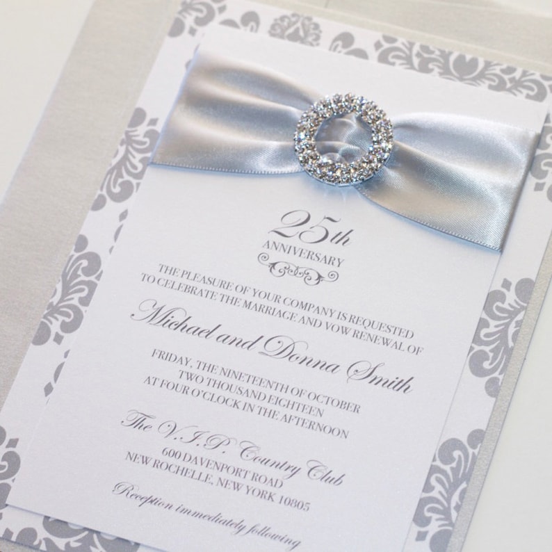25th Wedding Anniversary Invitation Embellished Wedding Invitation Elegant Invitation Damask Wedding Invite White Silver Bling