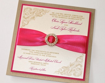 Elegant Wedding Invitation - Vintage Wedding Invitation - Luxury Wedding Invitation - Hot Pink, Ivory, Gold - Olivia Sample