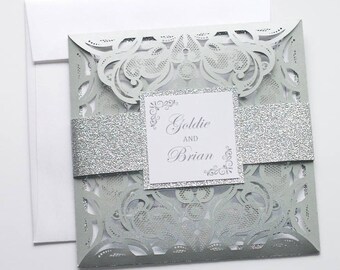 Laser Cut Wedding Invitation | Elegant Wedding Invite | Lace Wedding Invitation | White & Silver Glitter | Flourish Scroll Invite| GOLDIE