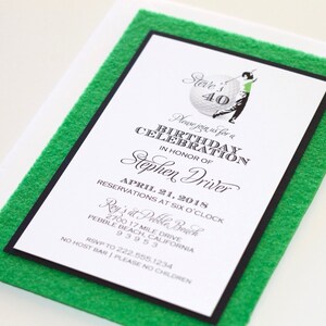 May include: A black and white invitation with a green border. The invitation is for a 40th birthday celebration for Stephen Driver. The event will be held on April 21, 2018 at Rey's at Pebble Beach in Pebble Beach, California. The invitation includes a golf ball with the number 40 on it and a golfer.