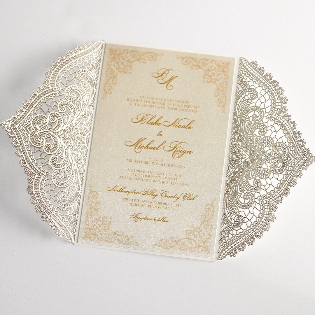 Ivory and Gold Wedding Invitation Lace Laser Cut Wedding Invitation