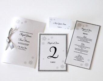 Winter Wedding Reception Stationery - Winter Wonderland - Glitter Menu - Glitter Place cards - Snowflake Wedding Paper Goods - Sample Set