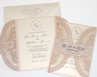 Rose Gold Wedding Invitation, Elegant Lace Invitation, Laser cut Wedding Invite, Pink Vintage Glam Invite - Printed Invitation - BRITTANY