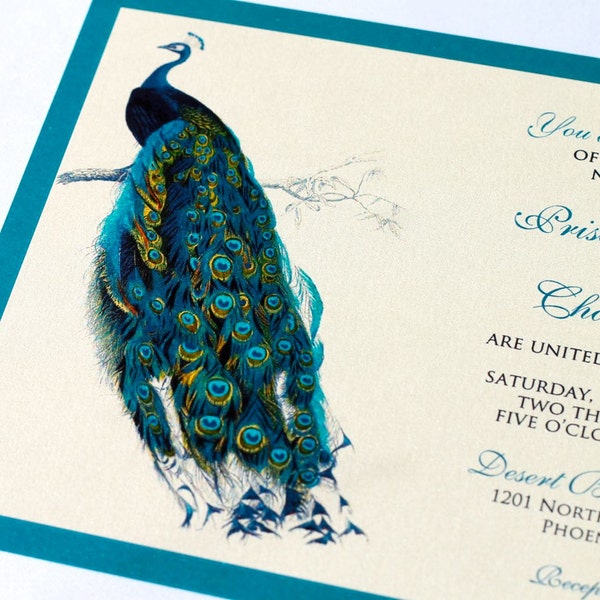 Priscilla Peacock Wedding Invitation Sample - Ivory, Ecru, Teal, Green, etc.