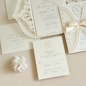 Lace Wedding Invitation Ivory Elegant Gold Wedding Invite Handmade Laser cut Invitation
