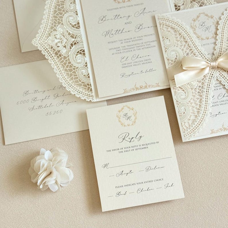 Lace Wedding Invitation Ivory Elegant Gold Wedding Invite Handmade Laser cut Invitation