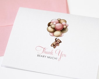 Pink Teddy Bear with Balloons Thank You Cards  Girl Baby Shower Thank You  Personzlied card  Blush Pink Thank you Beary Much!