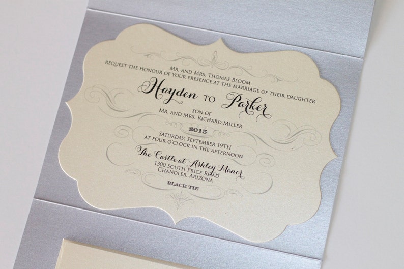 Hayden Die-cut Glitter Wedding Invitation Pocket fold Vintage Wedding Invitation Ivory metallic, Silver Glitter Sample image 3