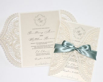 Ivory Lace Wedding Invitation, Elegant Sage Green Wedding Invite, Laser cut Invitation, Vintage Monogram - Printed Invitation - BRITTANY