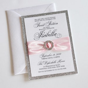 Sweet 16 Invitations  Glitter Invitation  Couture Invitation  Sweet Sixteen  Quinceanera Invitation  Light Pink and Silver Invite
